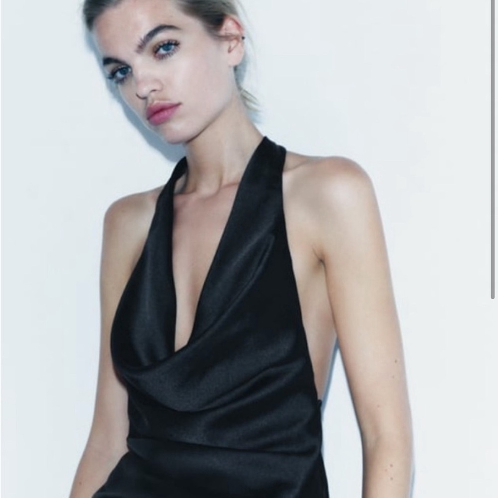 ZARA Deep Plunge Silk Black Halter Top